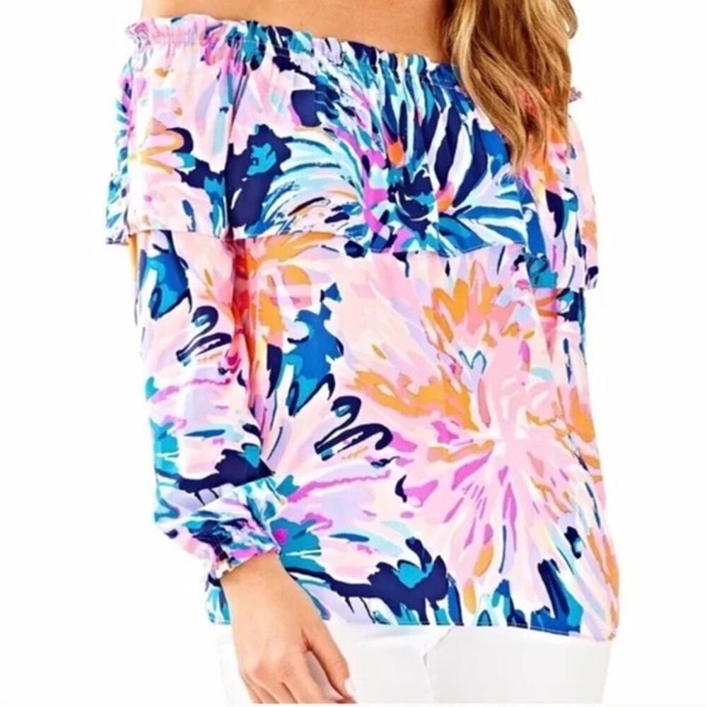 Lilly Pulitzer Off-Shoulder Dee Blouse Top Multi-Colored Off Tropic